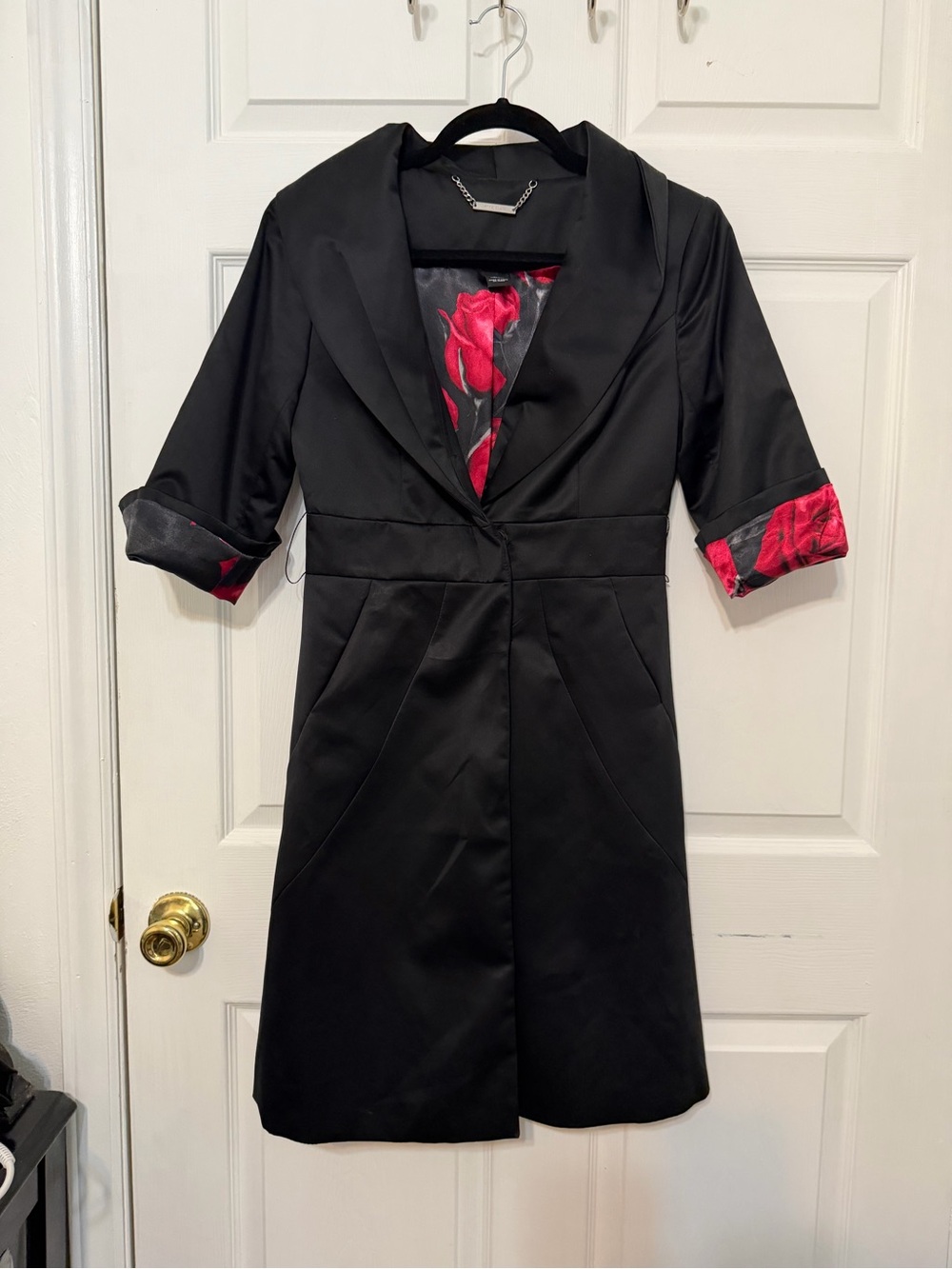 White House Black Market Black Coat with Red Floral Lining